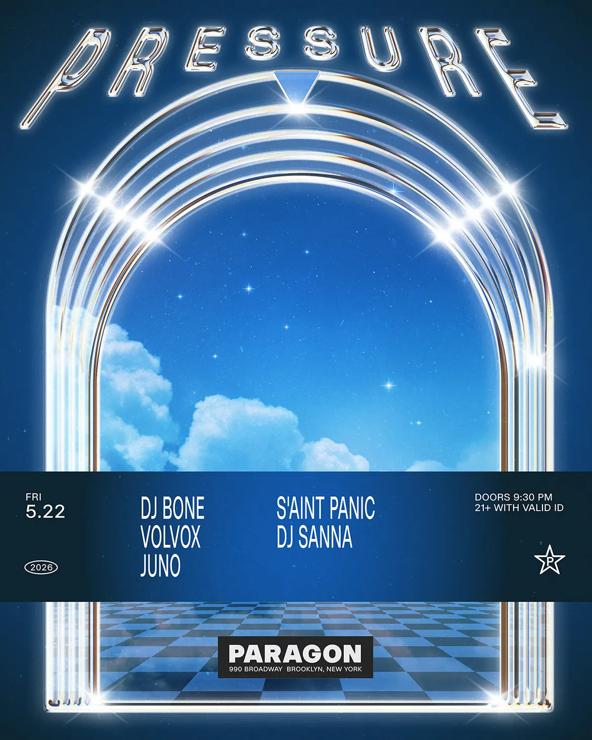 Pressure: DJ Bone, Volvox, Juno + S'aint Panic, DJ Sanna event flyer