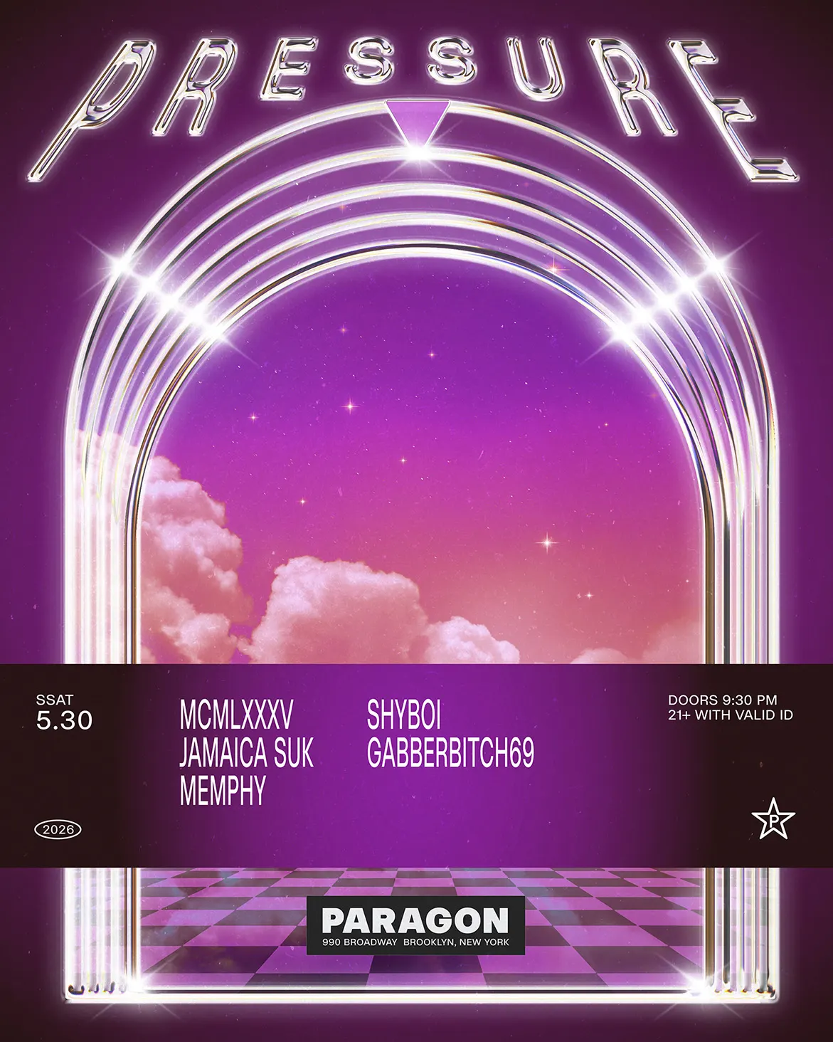 Pressure: MCMLXXXV, Jamaica Suk, Memphy + Shyboi, Gabberbitch69 event flyer