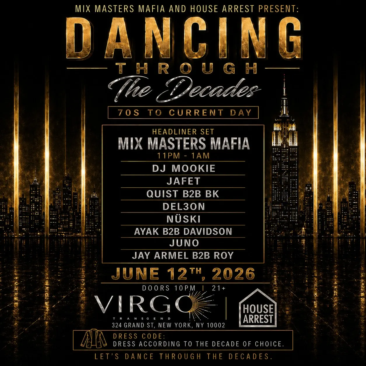DANCING THROUGH THE DECADES - 6/12 event flyer