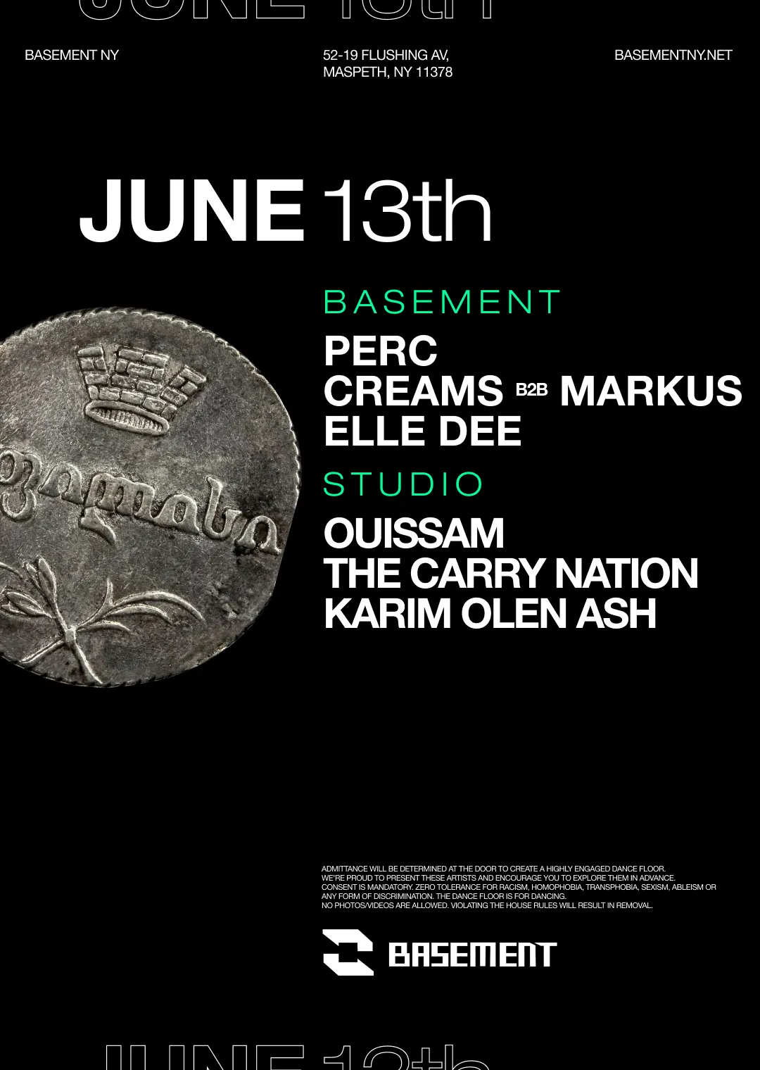 Perc / Creams b2b Markus / Elle Dee / Ouissam / The Carry Nation / Karim Olen Ash event flyer