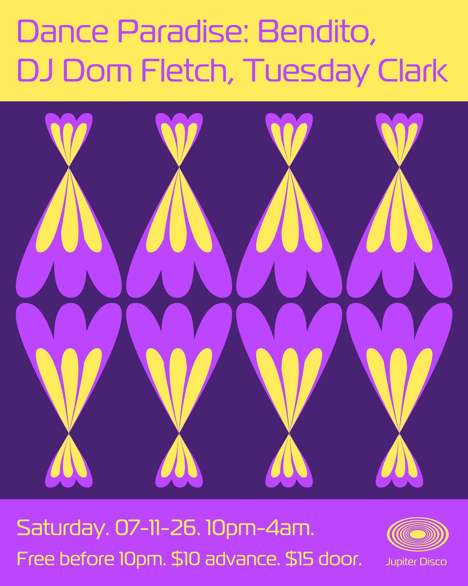 Dance Paradise: Bendito, DJ Dom Fletch, Tuesday Clark event flyer