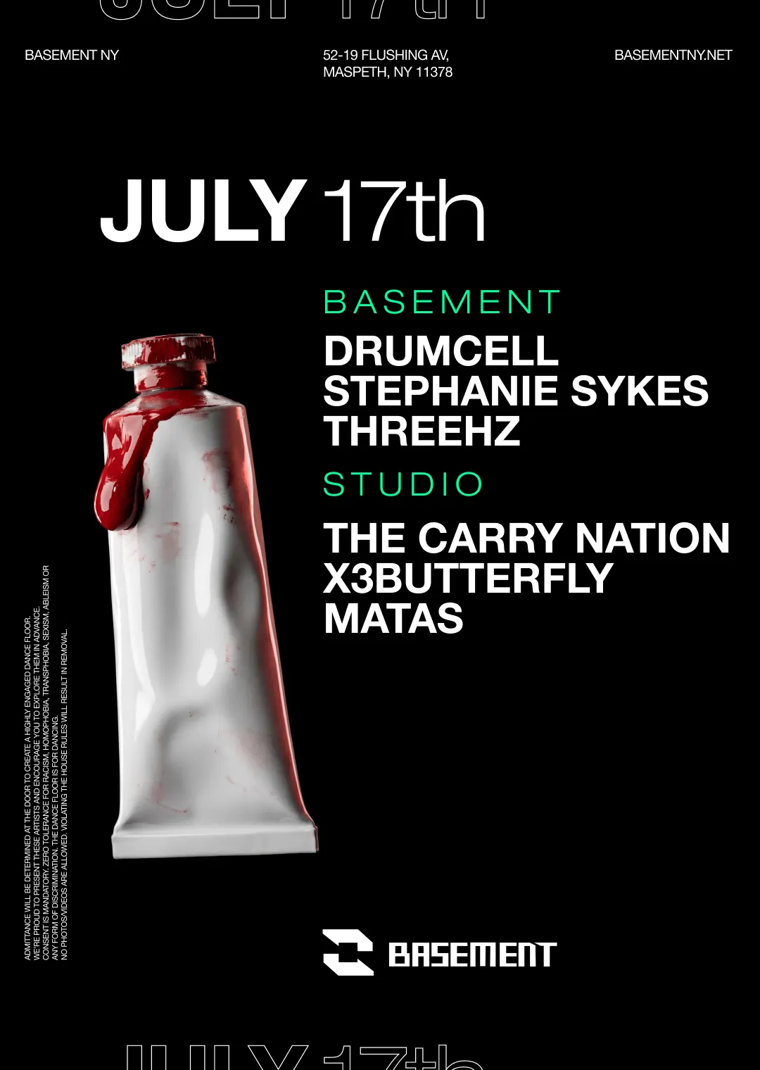 Drumcell / Stephanie Sykes / threehz / The Carry Nation / x3butterfly / Matas event flyer