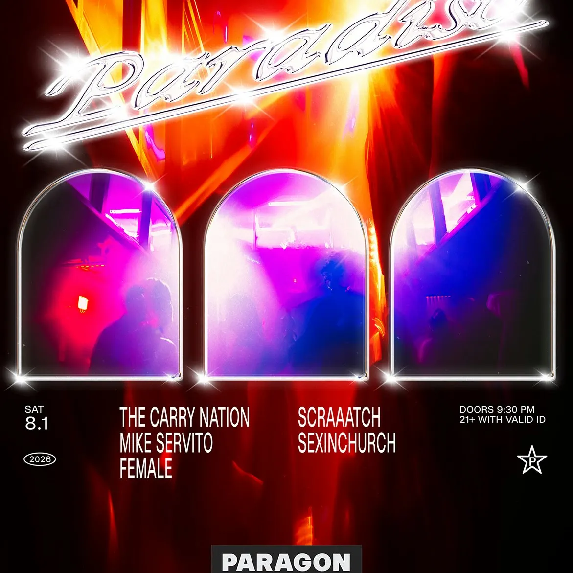 Paradiso: The Carry Nation, Mike Servito, FEMALE + event flyer
