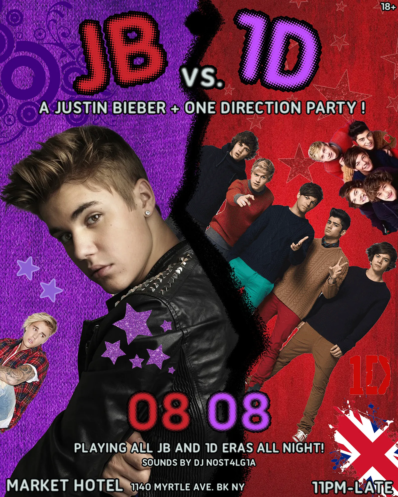 JB vs 1D: JUSTIN BIEBER & ONE DIRECTION PARTY event flyer